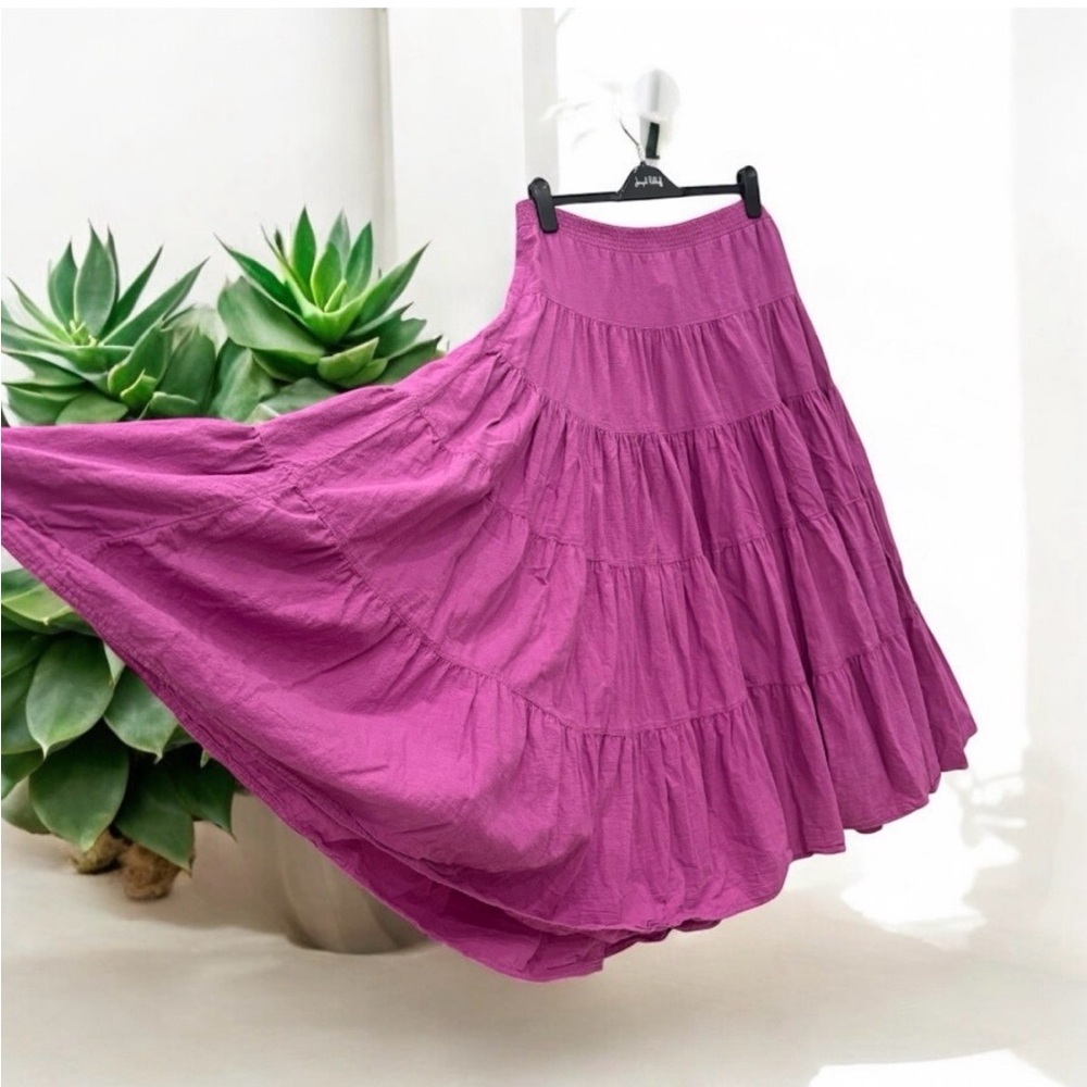 Vintage Fuchsia Color me Cotton orchid pink tiered boho Maxi Skirt, Large - Picture 2 of 6